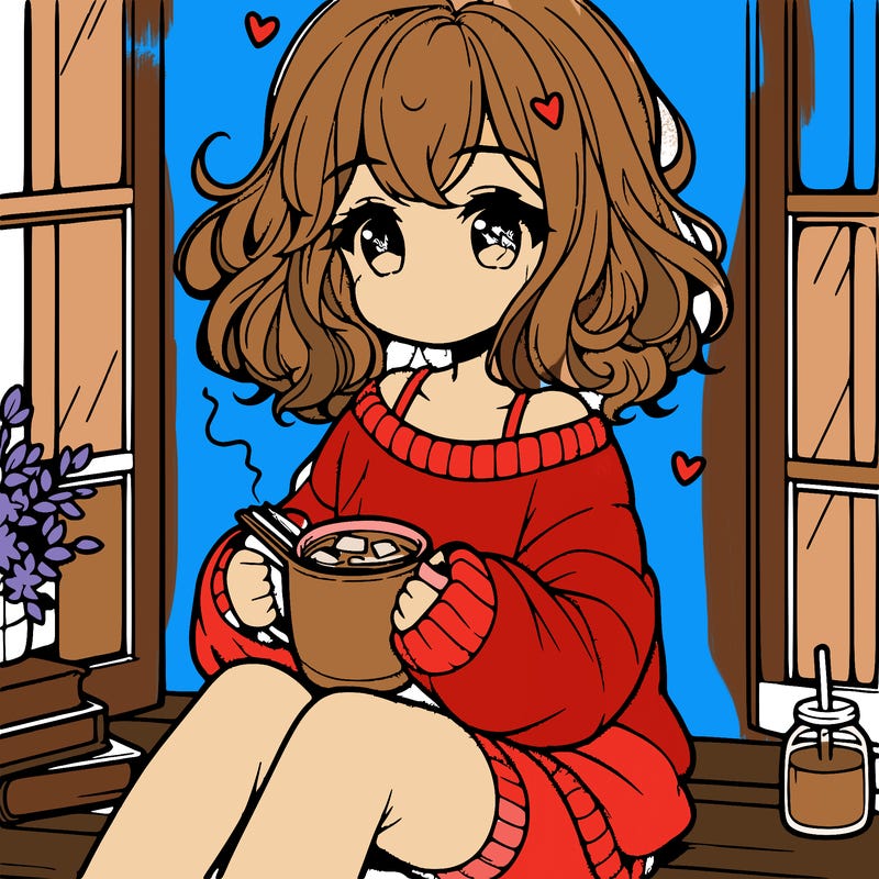 cute anime girl reading book and drinking hot chocolate from mug with loose wavy hair wearing a baggy sweatshirt and shorts sitting by windowsill looking out