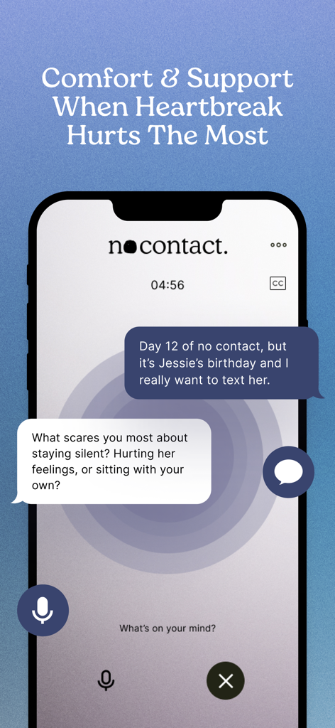 No Contact Tracker Pro - Uma tela de aplicativo móvel mostrando uma conversa com um coach de IA para suporte pós-término.