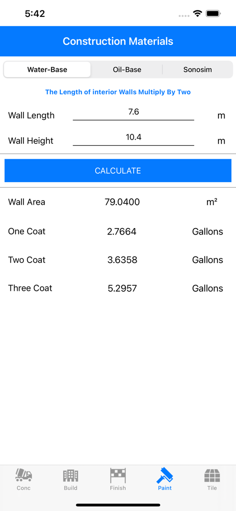 Construction Calculator Pro+ - Una interfaz de aplicación móvil que calcula los galones de pintura necesarios para una, dos o tres capas según las dimensiones de la pared