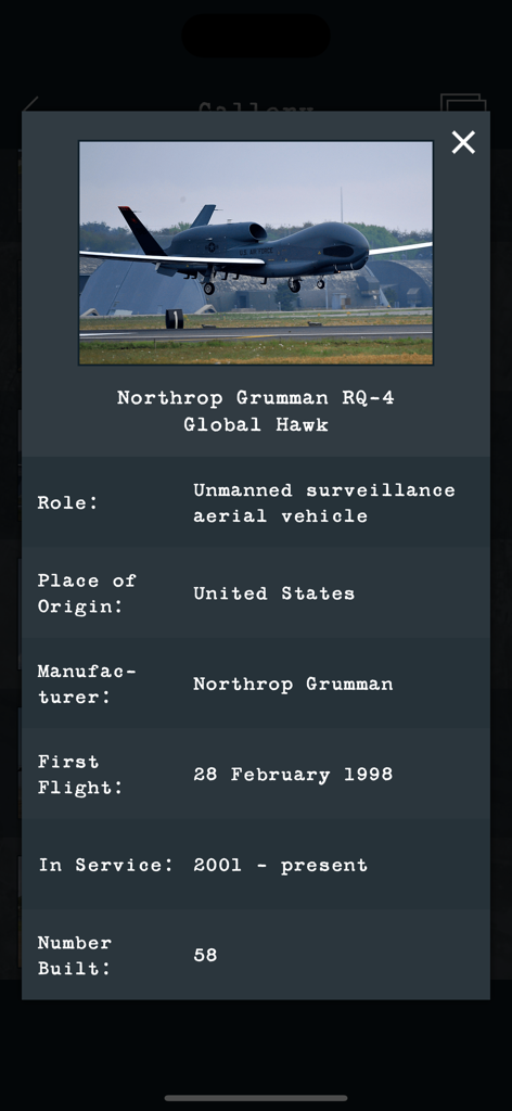 Detailed information card for the Northrop Grumman RQ-4 Global Hawk within the aircraft gallery.