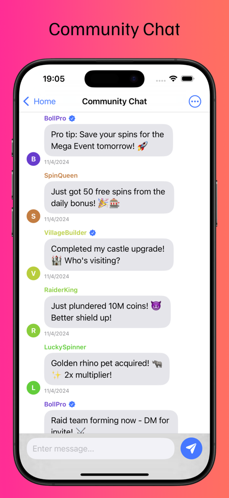Rewards Master: Daily Bonuses - Rewards Master app community chat screen with users discussing free spins and game progress