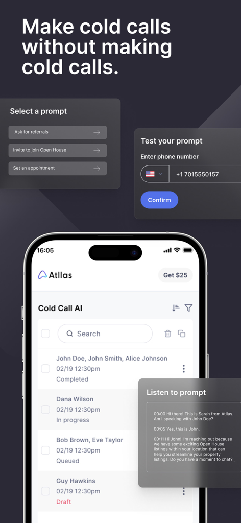 Atllas: AI for Real Estate - Atllas mobile App-Oberfläche für KI-Kaltakquise im Immobilienbereich und Lead-Generierung