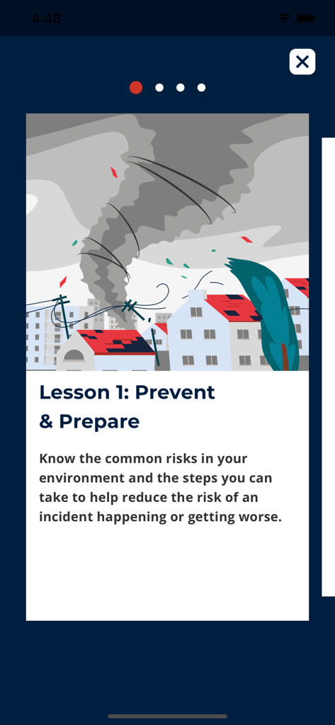 Lesson screen from the IFRC First Aid app about preventing and preparing for emergencies like tornadoes