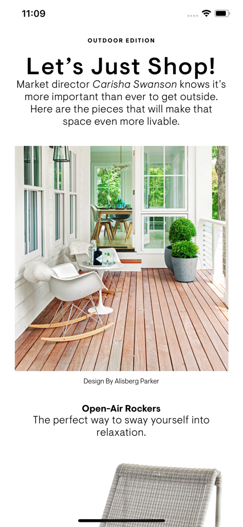 House Beautiful Magazine app showing a stylish outdoor patio with modern white rocking chairs