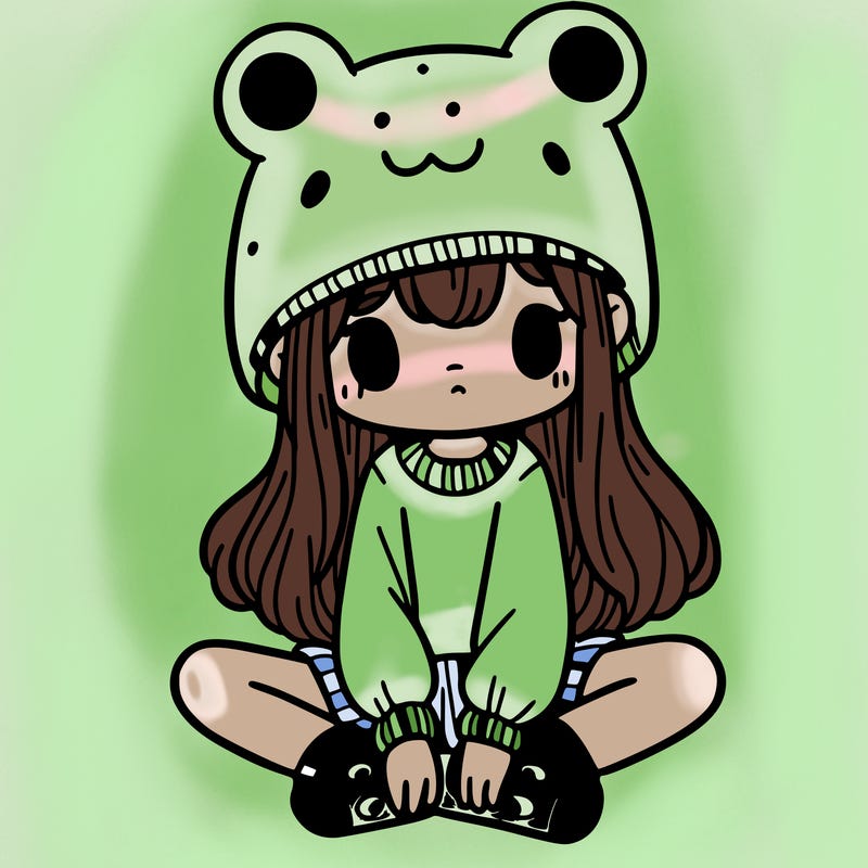 a girl wearing a frog hat and some frog socks