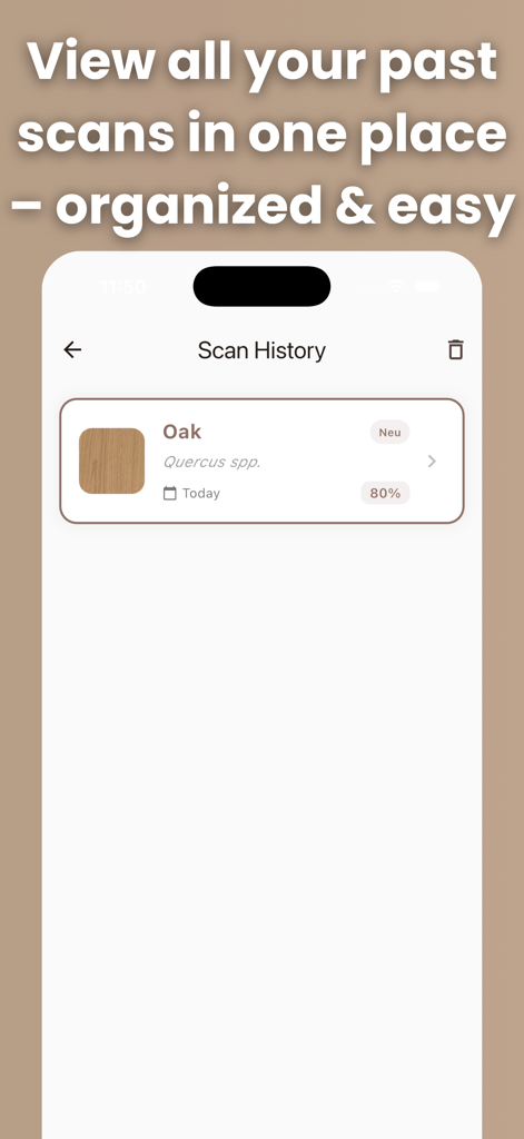 Interface of the Wood Identifier app showing the scan history with an identified entry for oak wood