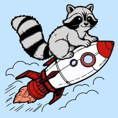 realistic raccoon flying on top rocket ship
