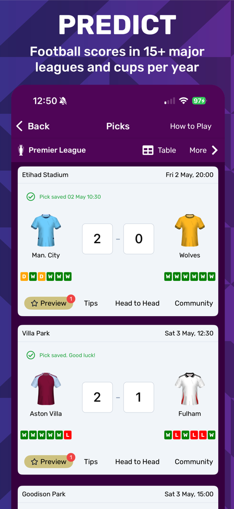 Superbru Football - Superbru Football mobile app interface for predicting soccer match scores.