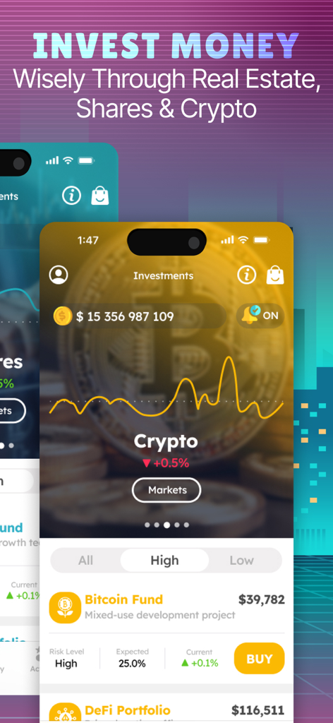 Business Tycoon Clash & Deals - Interfaz del juego Business Tycoon que muestra opciones de inversión en criptomonedas y gráficos de precios.