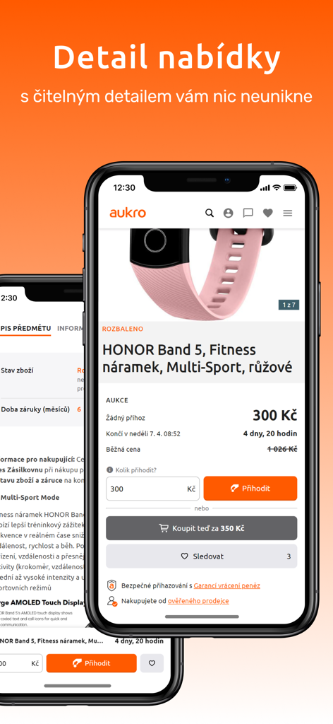 Écran mobile montrant une annonce d'enchère pour un tracker de fitness sur l'application Aukro.