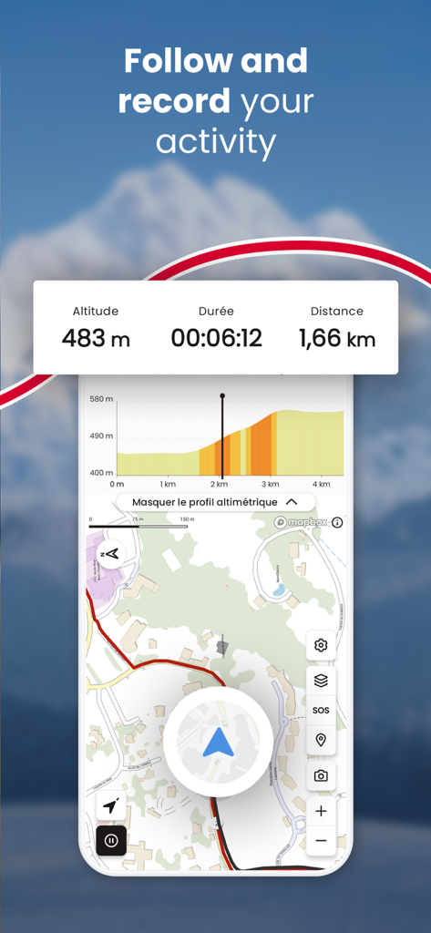 OpenRunner – Bike, hike, trail - OpenRunner app screen showing live activity tracking with altitude duration distance and a map