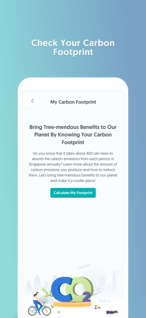 A mobile app screen for calculating a personal carbon footprint within the SP Utilities app featuring an illustration of a cyclist next to a large CO2 logo.