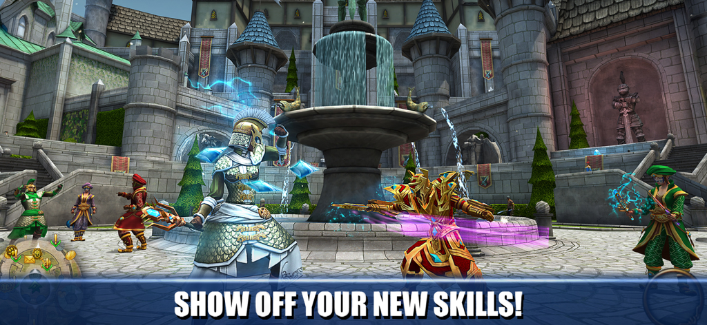 Group of diverse fantasy characters displaying special skills and armor in front of a large castle fountain