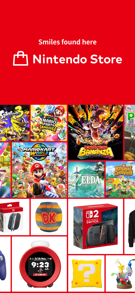 Interface de l'application Nintendo Store affichant un collage de jeux comme Zelda et Mario aux côtés de produits physiques et de la Nintendo Switch 2.