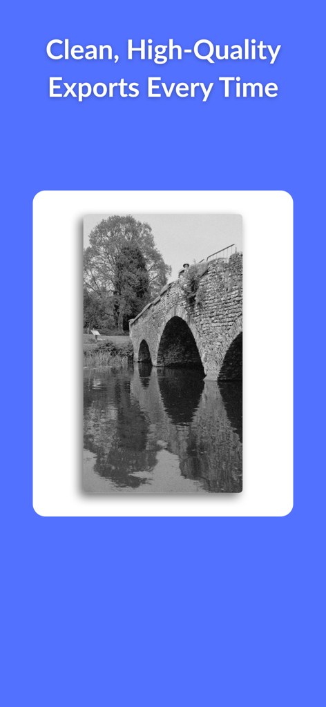 Black and white bridge photo with professional drop shadow and rounded corners on a blue background