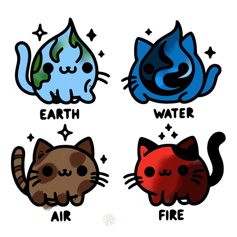 4 cats that represent the different elements, earth, water, air, and fire