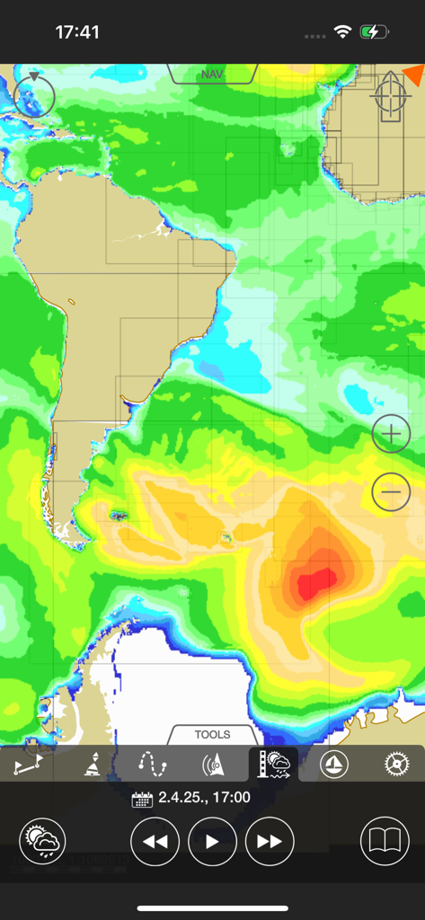 Aplicación de navegación Wärtsilä iSailor mostrando un mapa meteorológico codificado por colores sobre América del Sur