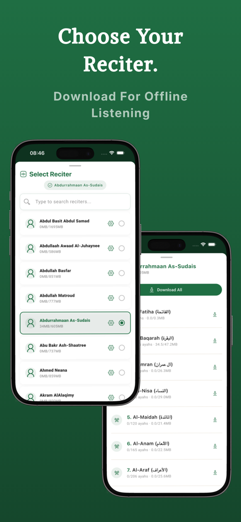 Maktabapp with 13 Line Quraan - Maktabappのインターフェース。クルアーン朗読者のリストと、スーラのオフラインダウンロードオプションを表示。