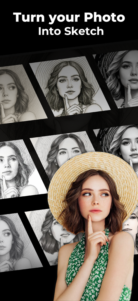 Pencil Sketch Photo Editor - A portrait photo of a woman transformed into multiple artistic pencil sketch styles
