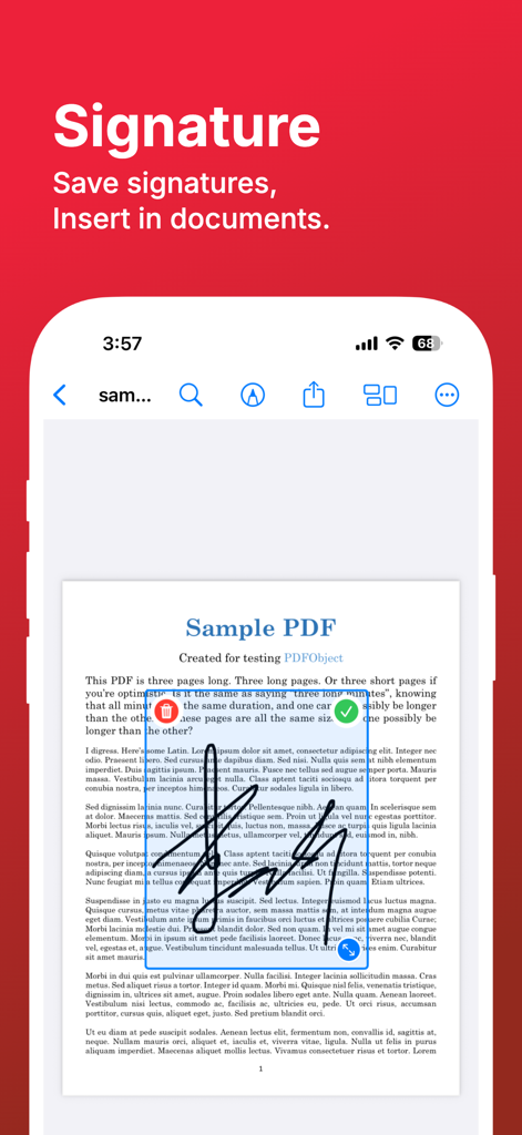 PDF Reader Pro: Scan & Sign - PDF Reader Pro app interface showing a digital signature being added to a PDF document on a mobile device.