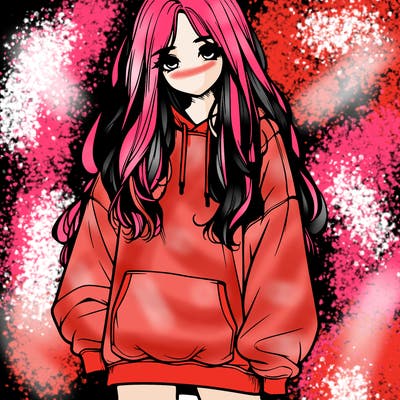 realistic girl with long hair and baggy sweat shirt