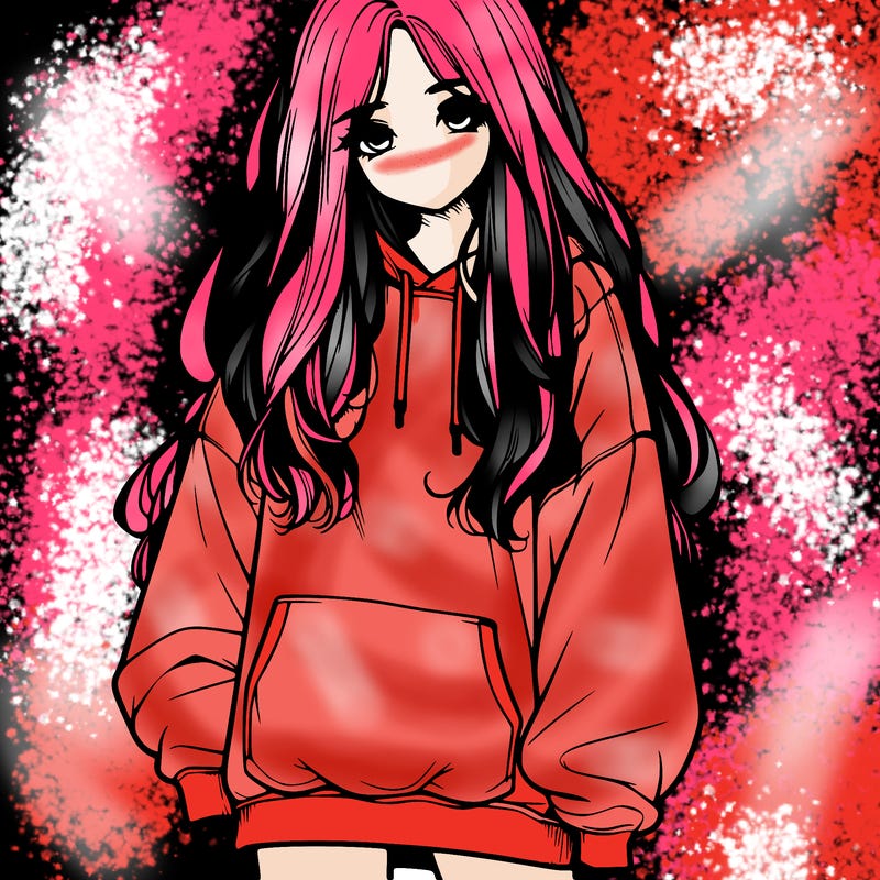 realistic girl with long hair and baggy sweat shirt