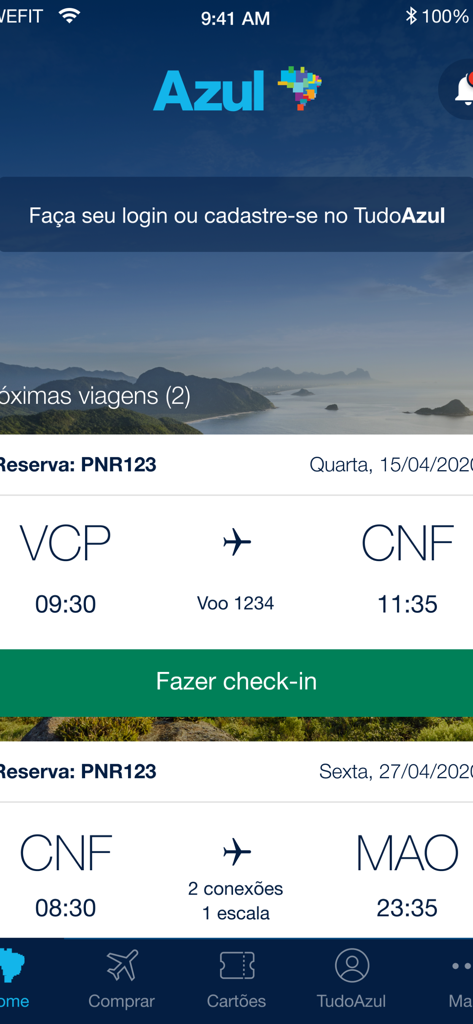 Mobile interface of the Minha Azul app displaying upcoming flight details and a check-in button for airline staff
