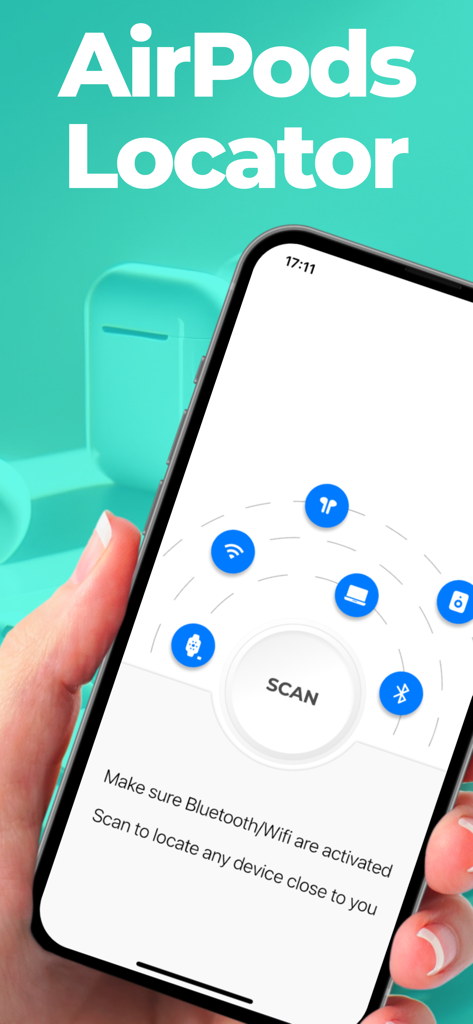 Device Detector : Find devices - A hand holding an iPhone displaying the scan screen of the AirPods Locator app showing various device icons like headphones and smartwatches