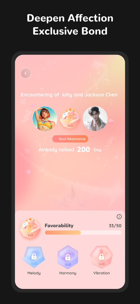 Mate-Soulmates For Every Step - Interface do aplicativo Mate mostrando níveis de favorabilidade e estatísticas de ressonância da alma entre dois personagens