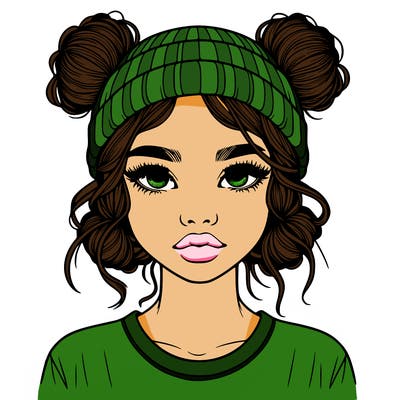 realistic girl with buns in her hair with a beanie on