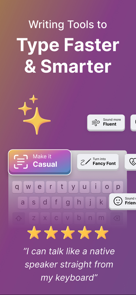 Interfaz de la aplicación de escritura IA Smart Keys que muestra opciones de teclado para sonar fluido o casual.