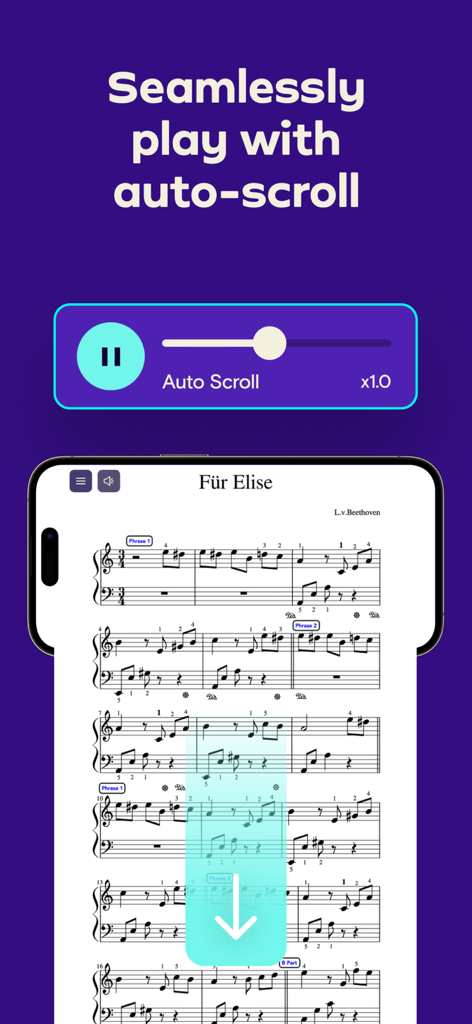 Simply Play: Piano Sheet Music - Digital piano sheet music for Fur Elise on a mobile phone featuring an auto-scroll control interface