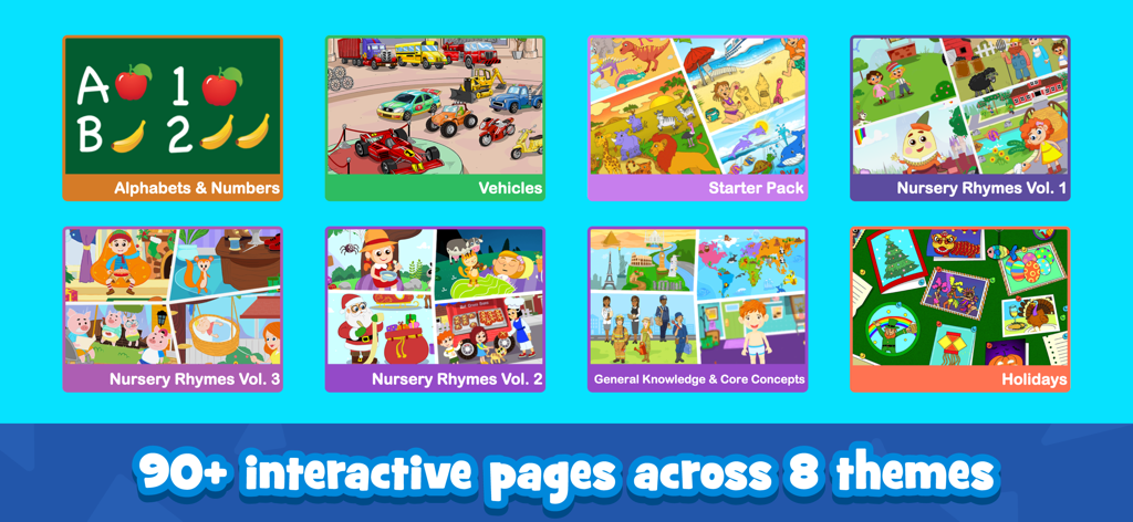 A grid showcasing eight different educational puzzle themes for kids including alphabets vehicles nursery rhymes and general knowledge