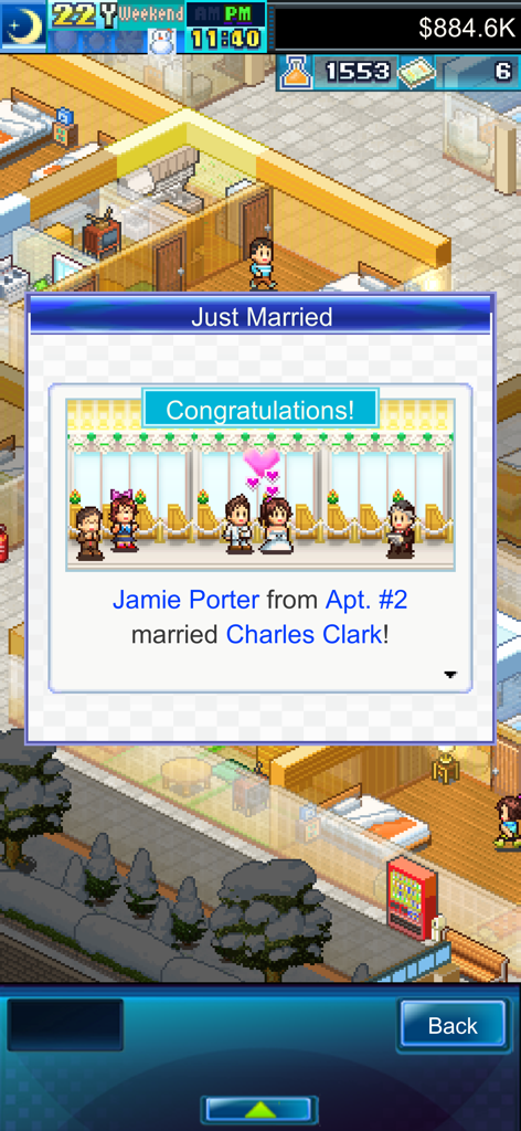 Dream House Days DX - Una notifica in pixel art in Dream House Days DX che celebra il matrimonio di due inquilini, Jamie Porter e Charles Clark.