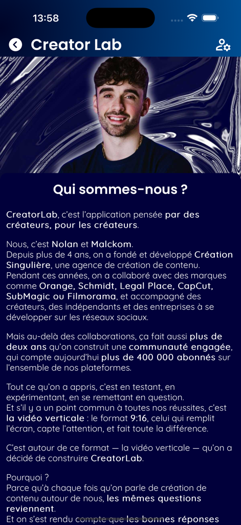Creator Lab – IA et cours - Die Seite „Über uns“ der Creator Lab App mit einem Porträt eines Gründers und Texten, die den Ursprung des Projekts erklären