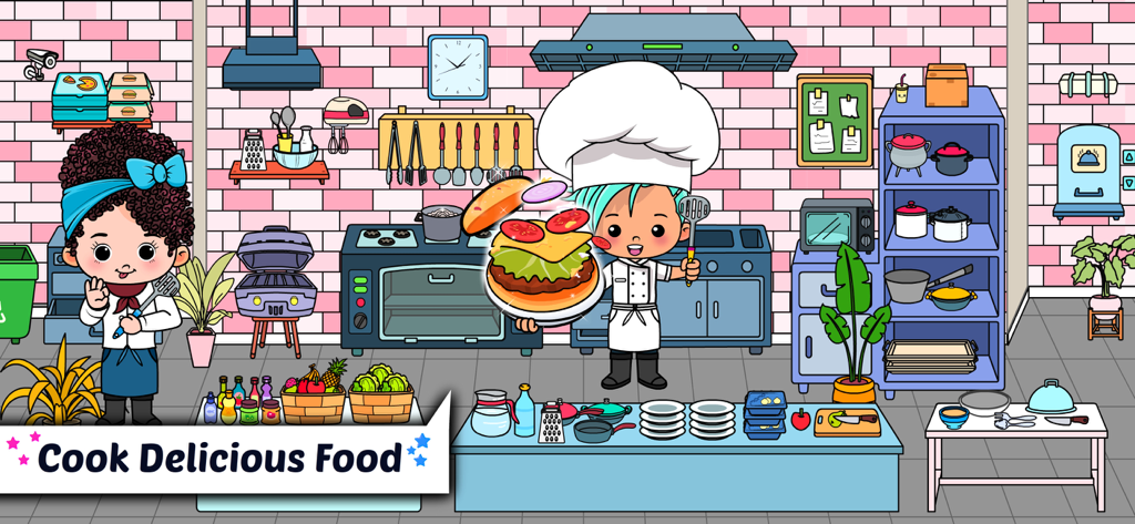 Tizi Home Design My Hotel City - Cartoon-Köche kochen einen riesigen Burger in einer Hotelküche