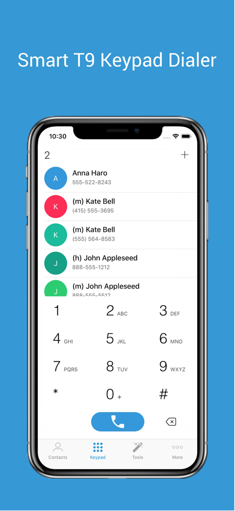 1Contact Pro: Clean & Backup - Interface of 1Contact Pro app showing a Smart T9 Keypad Dialer and filtered contact results on an iPhone screen.