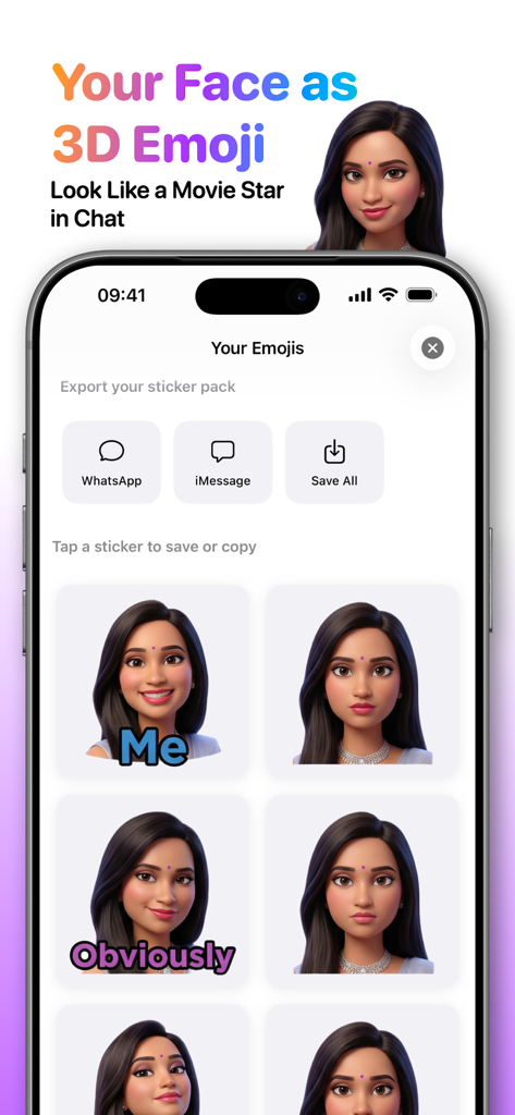 StickerVerse: AI Sticker Maker - A mobile app interface displaying a personalized 3D avatar sticker pack with options to export to WhatsApp and iMessage