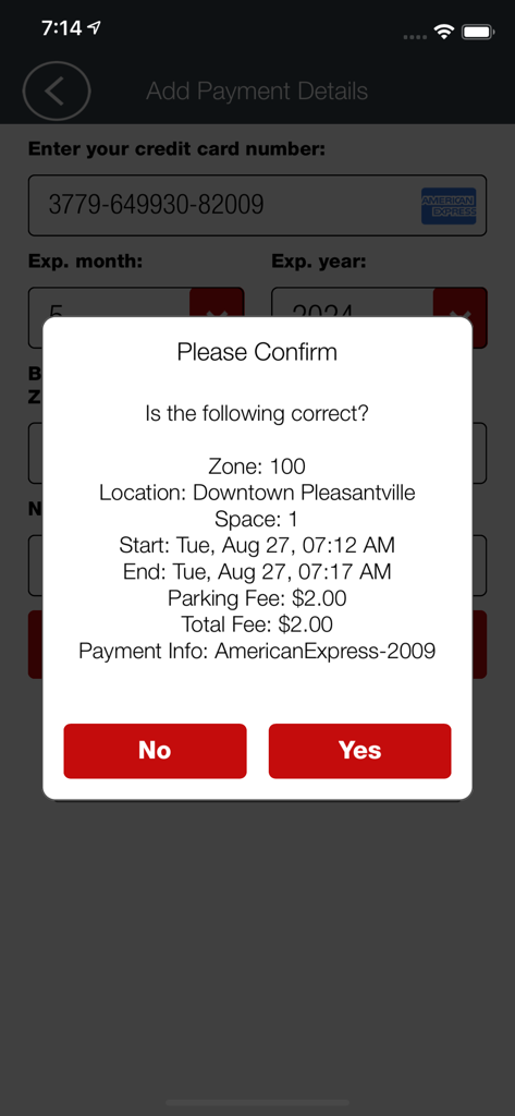 Passport Parking Canada - Passport Parking Canada app confirmation screen showing parking session details and fee