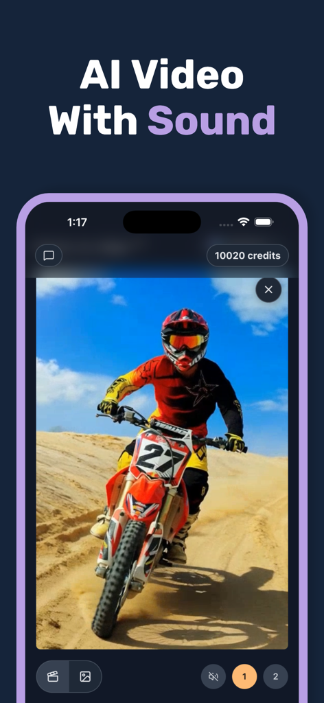 AI video with sound feature in the Photo to Video app showing a motocross rider on a smartphone screen