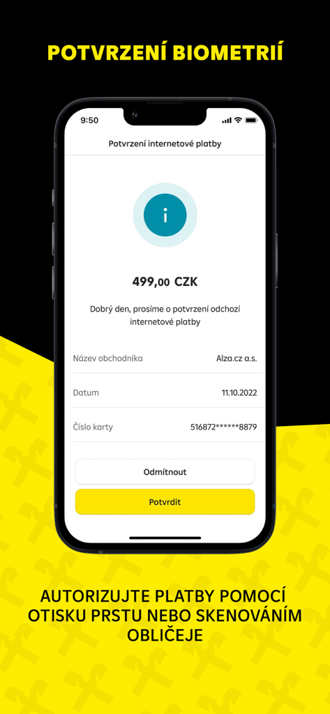 RB klic mobile app interface displaying a biometric payment authorization request for Raiffeisenbank