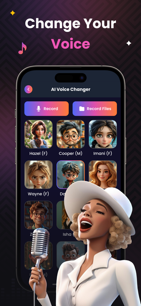 AI Magic Voice Changer - Interface of the AI Magic Voice Changer app displaying character avatars for voice transformation