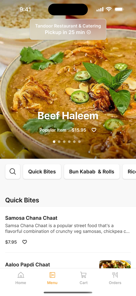 Tandoor Restaurant To Go - Menu interface of the Tandoor Restaurant To Go app showing Beef Haleem and food categories