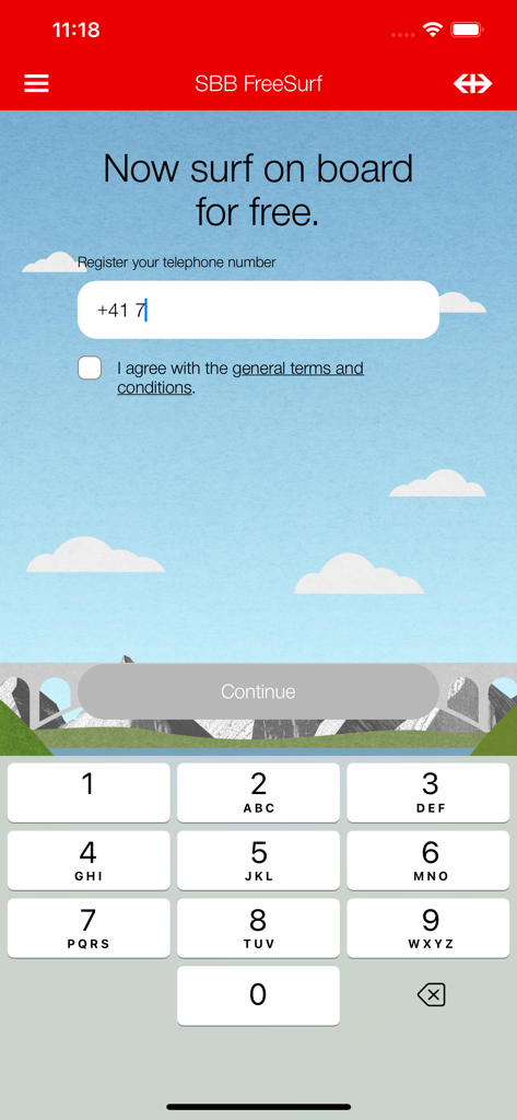 SBB FreeSurf - Registration screen of the SBB FreeSurf app where users enter their phone number for free onboard internet access on Swiss trains