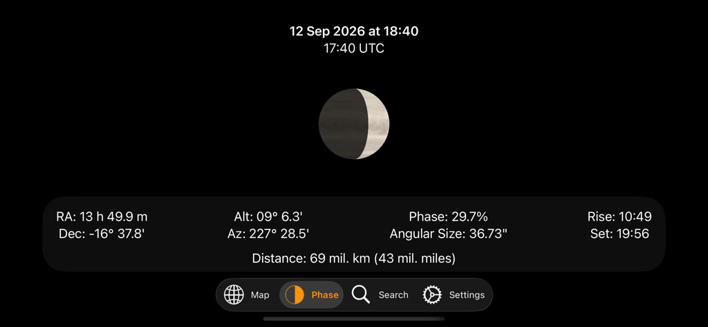 Venus Atlas - 金星アトラスアプリの画面で、天文データと位置情報とともに金星の位相が表示されています。