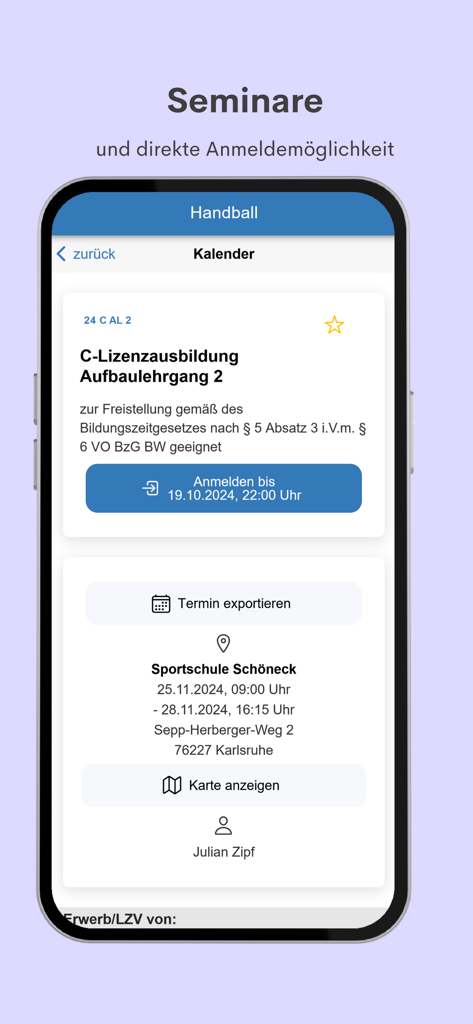 H4A App - Handball seminar details and registration page in the H4A mobile application