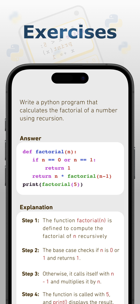 Python Quizz - Python Quizz app screen showing a recursive factorial coding problem with step by step explanation