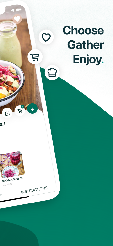 A mobile app interface for Simple Vegan recipes showing a dish with pickled cabbage and a slogan that says Choose Gather Enjoy