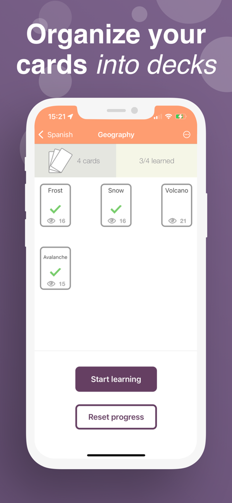 Mobile Benutzeroberfläche von Flashcards maker, die Geographie-Karten zeigt, organisiert in Decks mit Lernfortschritt.