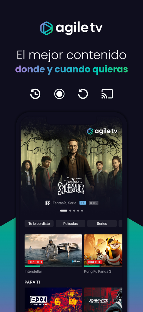Agile TV app home screen displaying movies and live television series